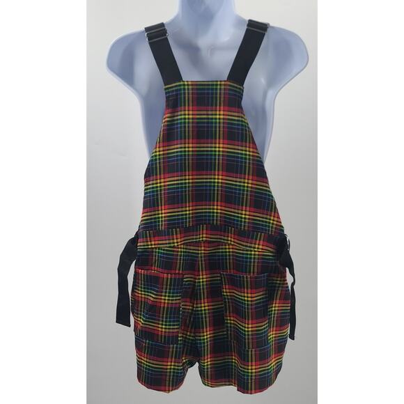 Hot topic Rainbow grid utility shortalls rainbow plaid Size Medium Kidcore - Picture 4 of 11